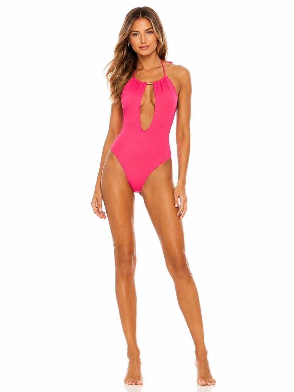VINCE CAMUTO Women’s Swim Plunge Neck Halter One Piece Swimsuit
